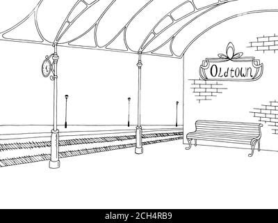 Railway station platform train graphic black white sketch illustration  vector Stock Vector Image & Art - Alamy