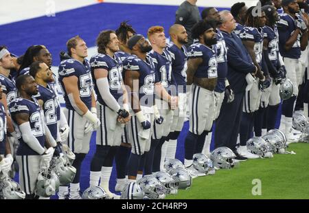 Inglewood, United States. 13th Sep, 2020. Dallas Cowboys take a break to watch a Black Lives Matter dedication song after the warm ups on the big screen before the game against Los Angeles Rams in the second quarter at SoFi Stadium in Inglewood, California on Sunday, September 13, 2020. Photo by Lori Shepler/UPI Credit: UPI/Alamy Live News Stock Photo