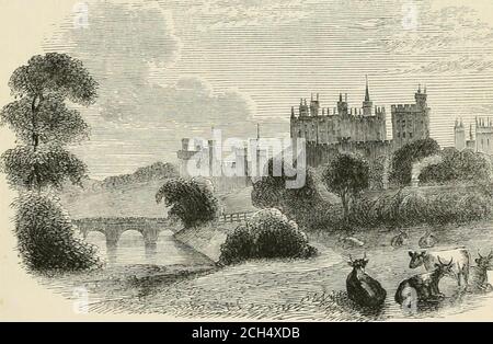 . The railroad book of England: historical, topographical and picturesque; descriptive of the cities, towns, country seats, and other subjects of local interest. With a brief sketch of the lines in Scotland and Wales . ed state, but commands a splendid view. About one mile beyond, onthe beautifully wooded bank of the Coquet, stands Warkworth Hermitage. Alnwick Castle, the Duke of Northumberland. Tliis splendid pile, theouter walls of which enclose an area of five acres, stands on an eminenceon the south bank of the river Alne, which in its circuitous course washesthe beautiful lawns that sui-r Stock Photo