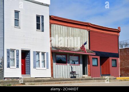 LaRose, Illinois, USA. Some old building facades on an empty, deserted street in a small Illinois community. Stock Photo