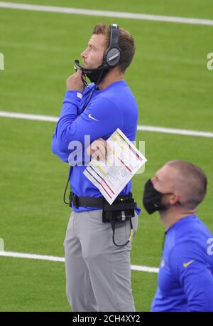 Inglewood, United States. 13th Sep, 2020. Los Angeles Rams head coach Sean McVay watches his team play the Dallas Cowboys in the first half at SoFi Stadium in Inglewood, California on Sunday, September 13, 2020. Photo by Lori Shepler/UPI Credit: UPI/Alamy Live News Stock Photo