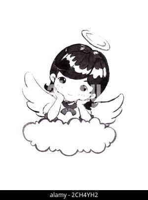 a cute angel girl with black hair lay her elbow on the cloud. hand painted Illustration on white background. Stock Photo