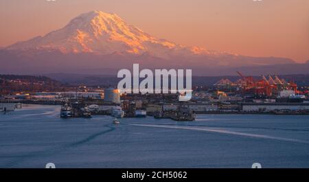 Tacoma and Mount Rainier Over Commencement Bay Sunset Northwest Stock Photo