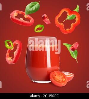 Glass of fresh vegetable juice and flying ingredients on color background Stock Photo