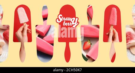 Collage of photos with tasty strawberry ice cream Stock Photo