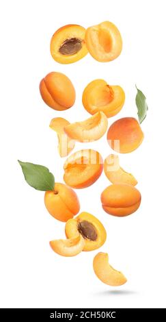 Falling ripe apricots on white background Stock Photo