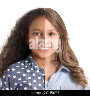Comparison portrait of African-American and Caucasian girls on white background. Stop racism Stock Photo