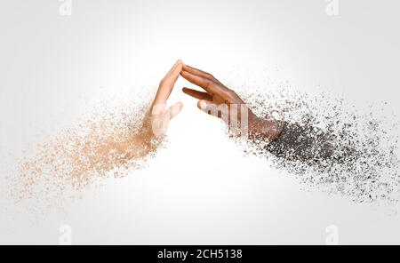 Hands of Caucasian woman and African-American man touching each other on light background. Stop racism Stock Photo