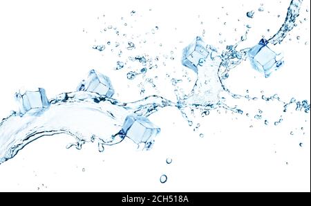 Ice cubes with splash of water on white background Stock Photo