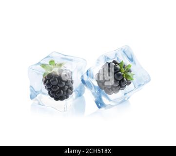 Ice cube with blackberry on white background Stock Photo