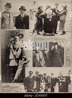 . Baltimore and Ohio employees magazine . THE VOYAGERS Upper left. Miss Mabel Gessner, Passenger Representative, giving girls their transportation for first leg of trip; right, signatures of the officers of LaFrance, the men who made the ocean voyage so pleasant for our girls; center left, lined up for the presidential handshake from Mr. Harding at theWhite House; right, J. L. Hackett, City Passenger Agent, N. Y.; lower left, farewell smiles at the Capital; right. Miss Lauer is honored by the FrenchAmbassador, Jules Jusserand Baltimore and Ohio Magazine, May, 192J 37 come back full of little b Stock Photo