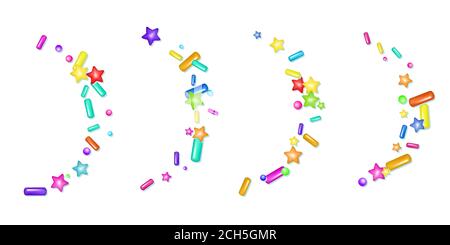Sprinkle with grains of desserts. Abstract pattern with realistic colorful sweet grains on white background. Design for holiday designs, party, birthd Stock Vector