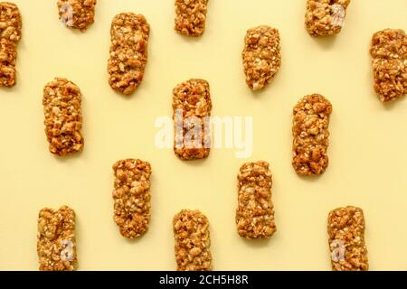 Crispy rice bars on color background Stock Photo