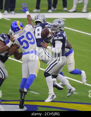 Inglewood, United States. 14th Sep, 2020. Dallas Cowboys quarterback Dak  Prescott throws a pass against the Los Angeles Rams in the second half at  SoFi Stadium in Inglewood, California on Sunday, September