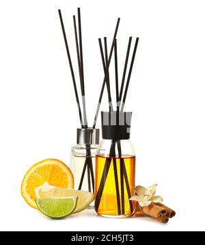 Reed diffusers on white background Stock Photo