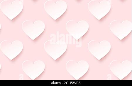 White hearts with pink hue on pink background. Symbol of love and Valentine's Day. Modern and trendy conceptual abstract background, seamless pattern. Stock Photo