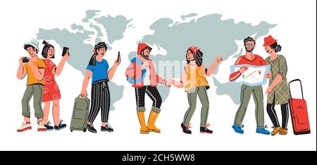 International tourism banner with travelers.  Stock Vector