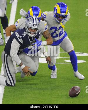 October 14, 2018: Los Angeles Rams cornerback Troy Hill (32) slaps the ball  out of the hand of Denver Broncos wide receiver Emmanuel Sanders (10) and  Sanders gets a personal penalty setting