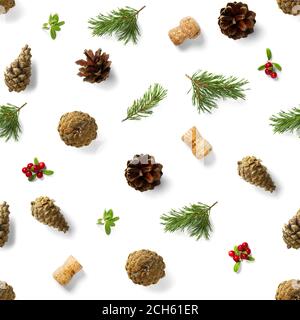 christmas seamless patterns with Pine cones wine cork and lingonberry. pattern christmas seamless on a white backdrop. Realistic photo collage. Stock Photo