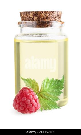 Bottle of raspberry essential oil on white background Stock Photo