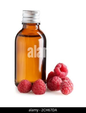 Bottle of raspberry essential oil on white background Stock Photo