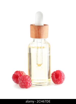 Bottle of raspberry essential oil on white background Stock Photo