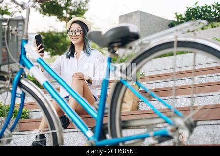 Taking selfie after bicycle ride Stock Photo