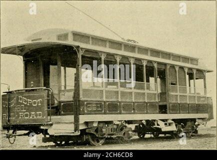 . The street railway review . -. The bill in this case must be dismissed for want ofequity, at complainants costs. A NEW TYPE OF CAR FOR ST. LOUIS. The St. Louis Car Company has linished a new typeof car for use on the Union Depot Railroad of St. Louis,one of which is shown herewith, mounted on the St.Louis Car Companjs maximum traction truck. It is anopen car closed around the bottom. The seatingcapacity is 38. It will be noticed that there is a middleentrance, and that the pillars are continued straight downto the sills, as in steam road car buildmg, so that there is. NEW TYPE OF CAR. no con Stock Photo