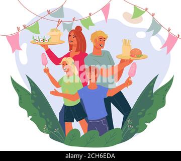 Family visiting street food festival - cheerful people carrying trays with various dishes. Stock Vector