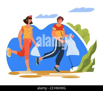 Plogging ecological challenge with running people picking up trash into litter bags. Stock Vector