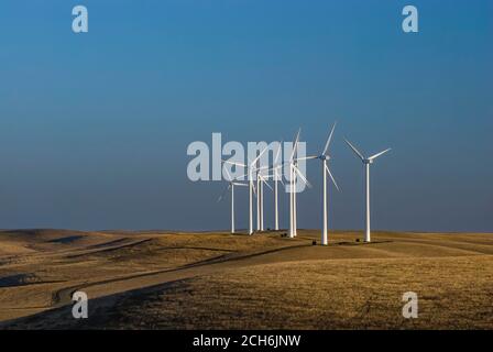 Newly constructed wind turbines at wind farm under construction by Sacramento Municipal Utility District (SMUD) near Rio Vista California Stock Photo