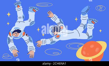 Cosmos universe research banner with astronauts and cosmonauts. Stock Vector