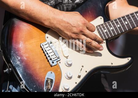 A man playing electric guitar,Techniques for playing Bending and Vibrato Stock Photo