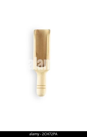 Handmade empty wooden scoop on white isolated background with clipping path in top view flat lay studio shot for natural design. Wood scoop for coffee Stock Photo
