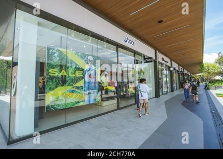 Samut Prakan, Thailand - July 28, 2020: Asics shop in Siam Premium Outlets Bangkok. Asics is a Japanese sportswear and footwear producer since 1949. Stock Photo