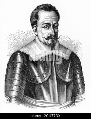 Engraving of Albrecht Wenzel Eusebius von Wallenstein (1583 – 1634), Bohemian military leader and statesman who fought on the Catholic side during the Thirty Years' War (1618–1648). His successful martial career made him one of the richest and most influential men in the Holy Roman Empire by the time of his death. Illustration from 'The history of Protestantism' by James Aitken Wylie (1808-1890), pub. 1878 Stock Photo