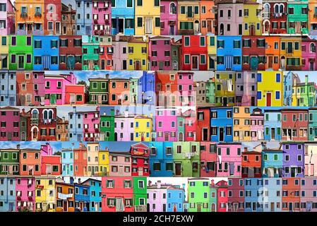 Collage set of horizontal colourful windows and doors on the picturesque island of Burano, Italy. Stock Photo