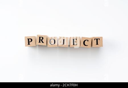 A wooden block with the word PROJECT written on it on a white background Stock Photo