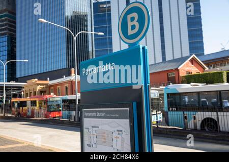 Sydney buses and bus interchange station in Parramatta city centre,Western Sydney,Australia Stock Photo