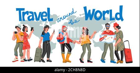 International tourism banner with travelers. Traveling around the world. Stock Vector