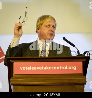 Boris Johnson MP, former Mayor of London and leading Vote Leave campaigner, speaks at Armada House in Bristol as he outlines a positive vision for Brexit. Stock Photo