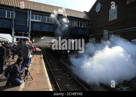 The Lord Dowding steam train on the platform ahead of its journey from Clapham Junction to Southampton with Crystal Palace fans to watch their final game of the Premier League season. Stock Photo