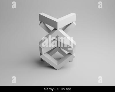 Abstract white equilibrium still life installation with tower of balancing corners standing on light gray background. 3d rendering illustration Stock Photo