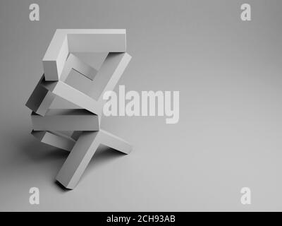 Abstract equilibrium still life installation with tower of balancing corners standing on light gray background with soft shadow. 3d rendering illustra Stock Photo