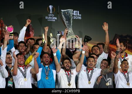 Sevilla lift the Europa League Trophy during the UEFA Europa League Final at St. Jakob-Park, Basel, Switzerland. Stock Photo