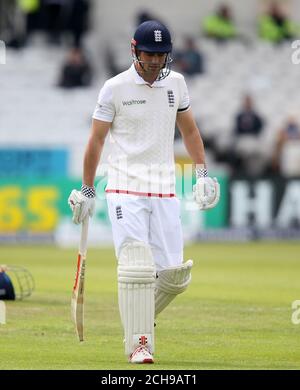 England's Alastair Cook walks off after being dissmissed by Sri Lanka's Dasun Shanaka during day one of the 1st Investec Test at Headingley, Leeds. Stock Photo