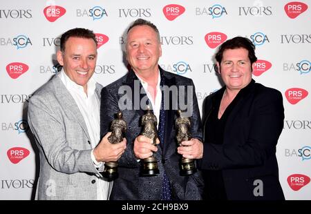 (left to right) Mick MacNeil, Jim Kerr and Charlie Burchill of Simple ...