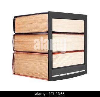 Old paper books stack on electronic book display white background isolated close up, textbooks heap on e-book screen, hardcover books pile & e-reader Stock Photo