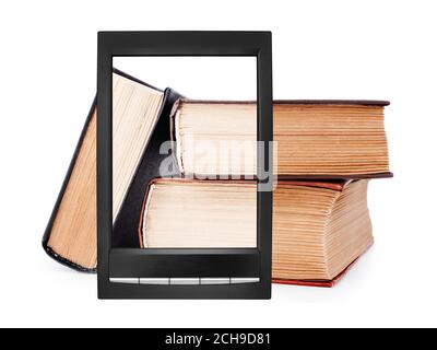 Old paper books stack on electronic book display white background isolated close up, textbooks heap on e-book screen, hardcover books pile & e-reader Stock Photo