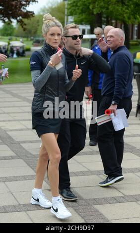 Ronan Keating and Storm Uechtritz arrive for the ISPS HANDA Mike Tindall Celebrity Golf Classic in aid of Rugby For Heroes and The Matt Hampson Foundation, at the Belfry Golf & Resort Hotel in Sutton. Stock Photo